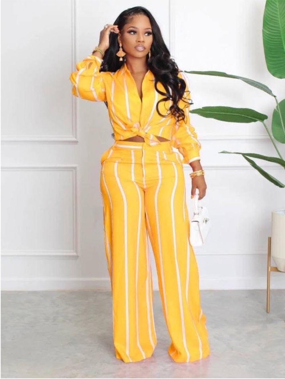 Women's Yellow Striped Wide-Leg Pants Set